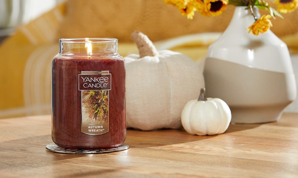 Yankee Candle Autumn Wreath Scented, Classic 22oz Large Jar Single Wick Aromatherapy Candle, Over 110 Hours of Burn Time, Apothecary Jar Fall Candle, Autumn Candle Scented for Home - 24hrsmart